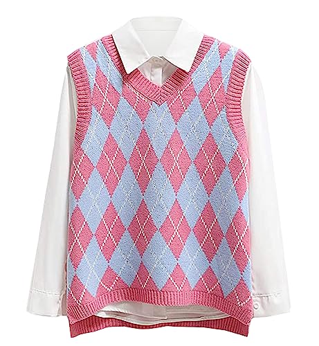 Lailezou Women's V Neck Knit Sweater Vest Argyle Plaid Preppy Style Sleeveless Crop Knitwear Tank