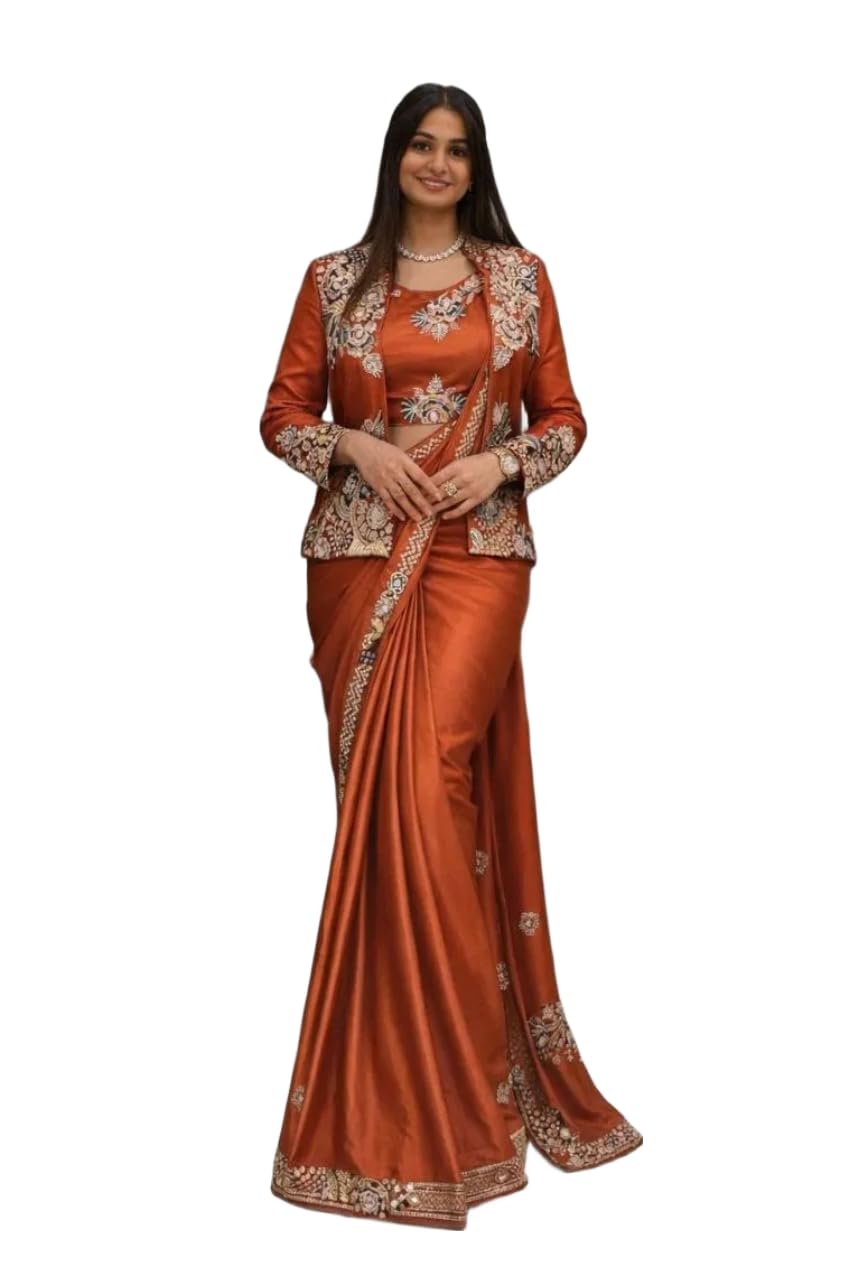 Ready to Wear Saree Heavy Crepe Satin Fabric with Embroidery Work Koti Jacket Stitched Blouse Crepe Satin Fabric-image-18