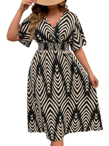 Image of Floerns Women's Plus Size Boho Hawaiian Tropical Dresses V Neck Short Sleeve Floral A Line Long Dress Vacation Beach Outfits