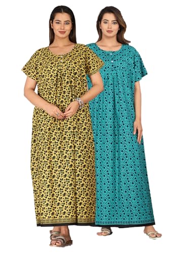 Image of Kuruti B Sheets Nighty for Women Cotton Combo (Pack of 2 Pcs) Nighty Gown Round Neck Short Sleeves Free Size