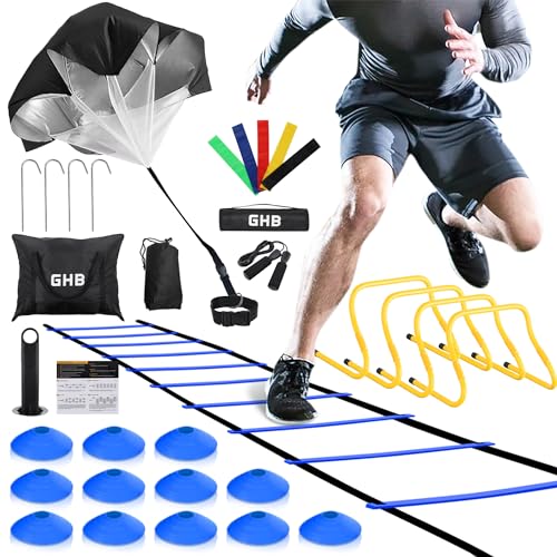 GHB-Agility-LadderFootball-Training-Equipment-Set4-Agility-Hurdles-20-feet12-Rungs-Speed-Ladder12-Disc-ConesResistance-Parachute-Jump-Rope-5-Resistance-Bands