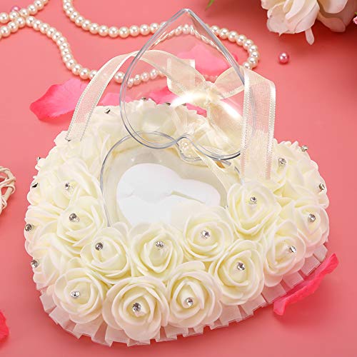 Ailgely Heart Shaped Romantic Wedding Box Rose Rhinestone Decor Pillow (Milk White)
