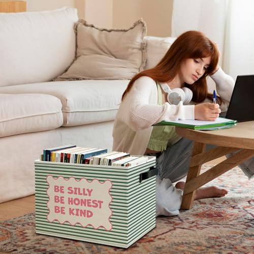 Image of Inspirational Nursery Storage Bins Box with Handles, Be Silly Honest Kind Motivational Pink and Green Striped Collapsible Basket Organizer for Kids Room Bedroom Bathroom Books Clothes