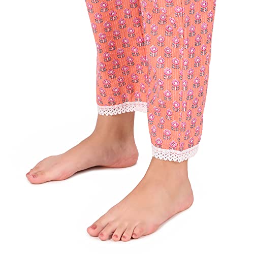 Image of Soulful Threads Women Peach Kantha Work Floral Printed Cotton Lounge Pant (ST152959)