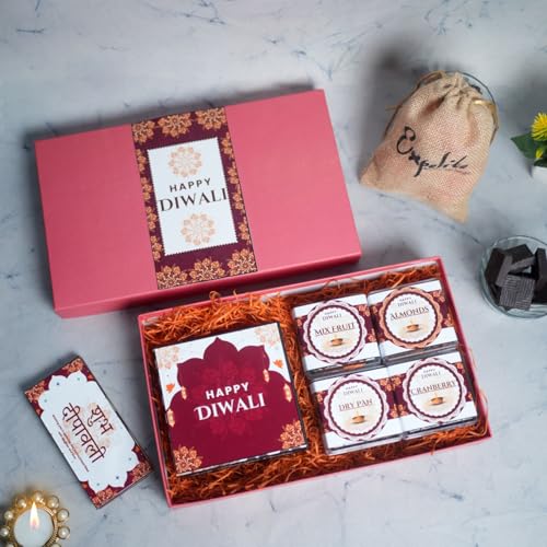 Image of Expelite Special Diwali Dry Fruits Gift Box | 50g Almonds, Cranberry, Dry Pan, 50g Mix Fruit, Jute Potli, Chocolates Bar, Pearl Diya and 4 Pcs Chocolate Box |Diwali Chocolates Hamper in 700