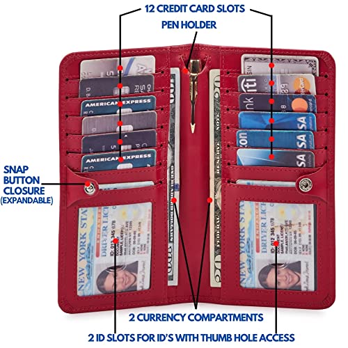 Wallet for Men Women Real Leather Long Bifold RFID Blocking Slim Stylish Credit Card Case Pen Holder with 2 ID Windows in Gift Box (Nappa, Red)3