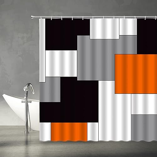 Miniatura 2 de Cortina de ducha geométrica naranja negro blanco gris geometría abstracta cuadrada rectangular arte moderno diseño creativo juego de decoración de