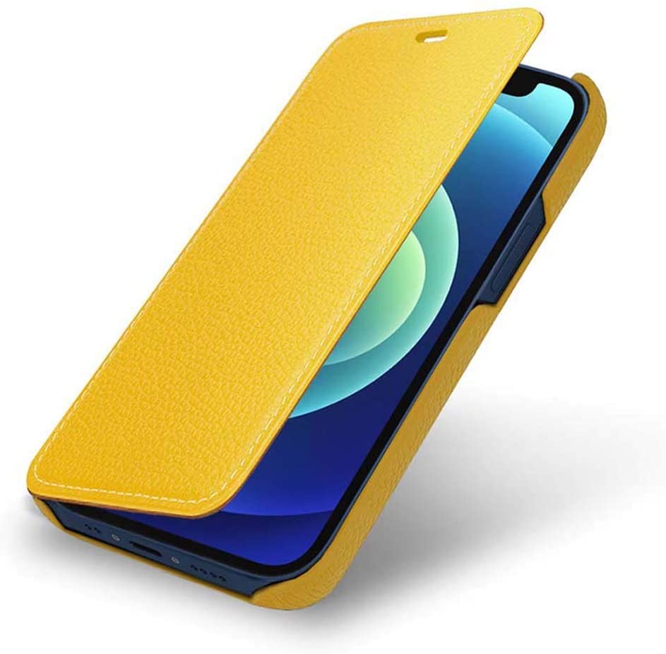 Étui iPhone 12 Pro Max en cuir grainé jaune avec clapet de protection photo