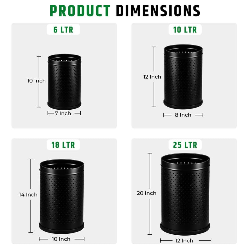 Image of Robustt Stainless Steel Perforated Design Open Top Dustbin - 18L | 10Inch (W) x 14Inch (H) Black Trash Can with Anti-skid Base | For Bathroom, Bedroom, Kitchen & Toilet or Commericial Use - Pack of 1