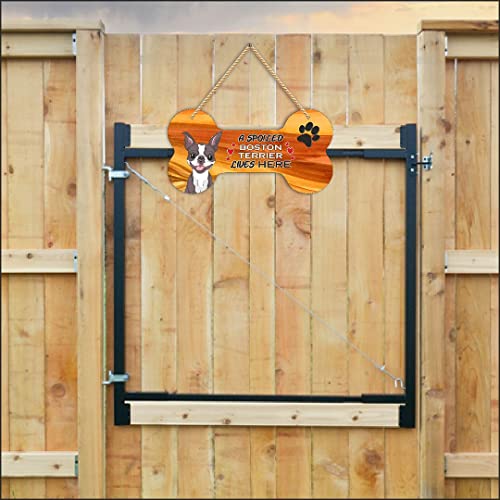 Image of CVANU Laser Cut MDF Wooden Funny Dog Sign Plaque Bone Design A Spoiled Boston Terrier Lives Here Animal Love Sign Board, Name Plate for Dog House Brown & White, Size(10x5) inch