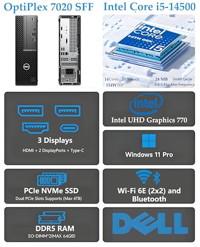 Image of Dell OptiPlex 7000 Business Small Desktop 2026 SFF - Intel 14-Core i5-14500, 8GB DDR5, 256GB PCIe SSD, WiFi 6E, BT, Multi-Display Ready, Windows 11 Pro - Compact & Powerful for Office Productivity