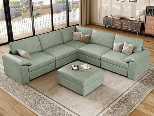 Image of EASE MOOSE Oversized Modular Sectional Couch with Ottoman, Vintage Faux Leather Sectional Sofa with Deep Seat, Scratch Resistant Faux Leather Material, Extra Large L Shaped Couch,Deep Green
