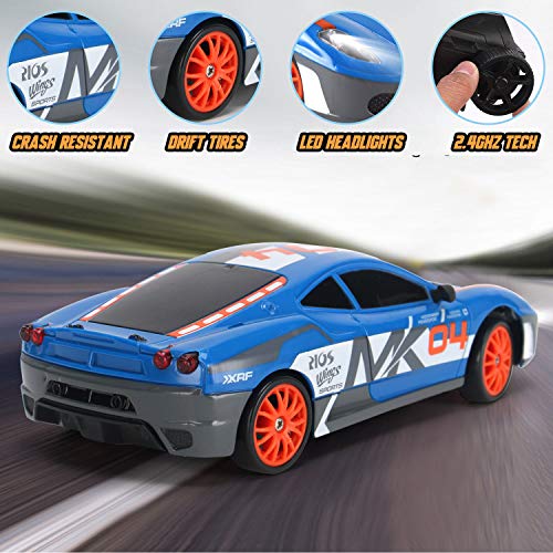 Image of RC Drift Car 1 /24 2.4GHz 4WD Remote Control Sport Racing On-Road Vehicle with LED Light, Batteries and Drift Tires (Blue 460)