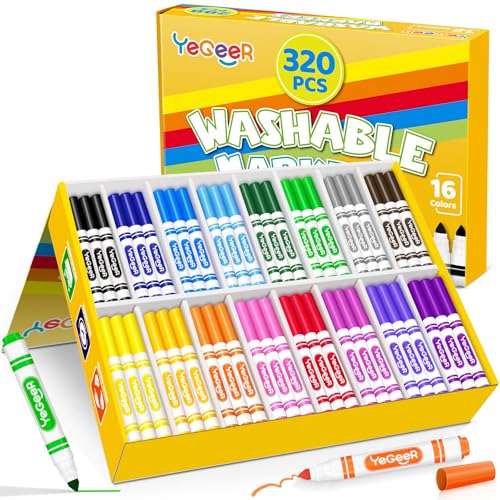 Image of YEGEER 320 Count Washable Markers Bulk - 16 Assorted Colors, Broad Tip Markers for Kids, Teachers, and Classroom Supplies, Perfect for Art and Coloring.(320)