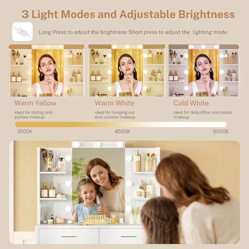 Image of FIONESO 43.3 inch W Vanity Desk with Mirror and 9 LED Lights, Makeup Vanity with 6 Drawers, 6 Open Shelves, 3 Color Modes & Adjustable Brightness, Dressing Table for Girls Bedroom, White