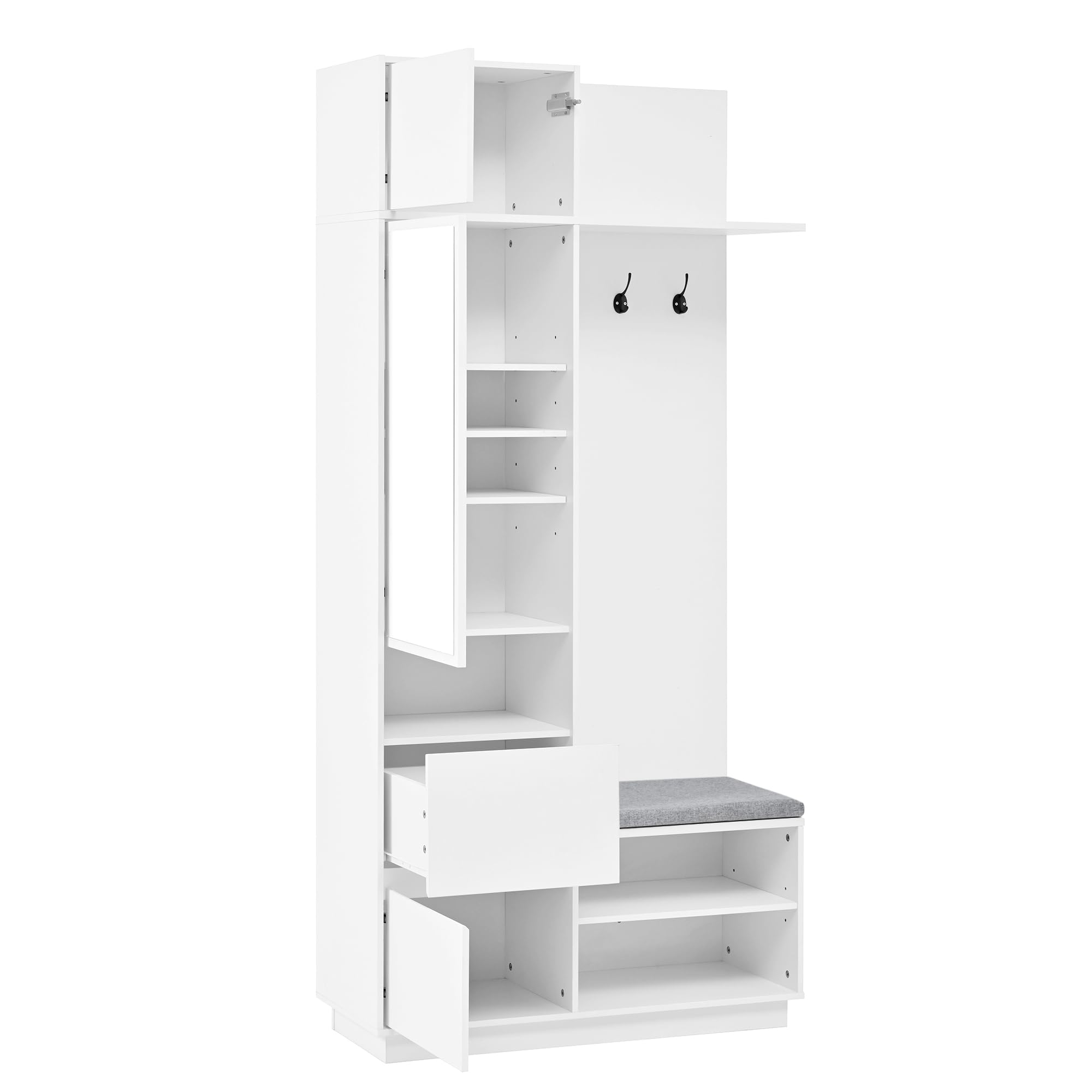 SUKY - Guardaroba compatto con specchio e panca, guardaroba da ingresso con scarpiera e ganci, 90 L x 34,5 P x 190