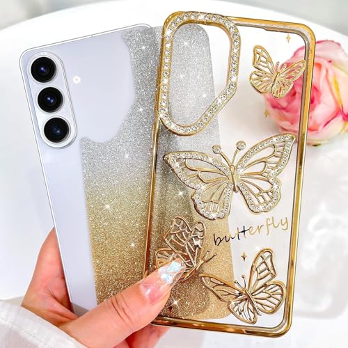 Image of Elzzi Electroplated Butterfly Phone Cover for Samsung S26 Plus Case, Showcasing Pearlescent Diamond Soft TPU, Camera Protection, Shockproof, Dropresistant Stylish for Girls & Women (Gold)
