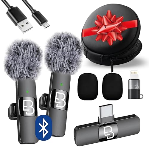 EMIR BEY® Micrófonos Inalámbricos de Solapa 2 Pack – Plug&Play para iPhone, Android, iPad y PC – Sonido Profesional con Reducción de Ruido y Estuche Portátil