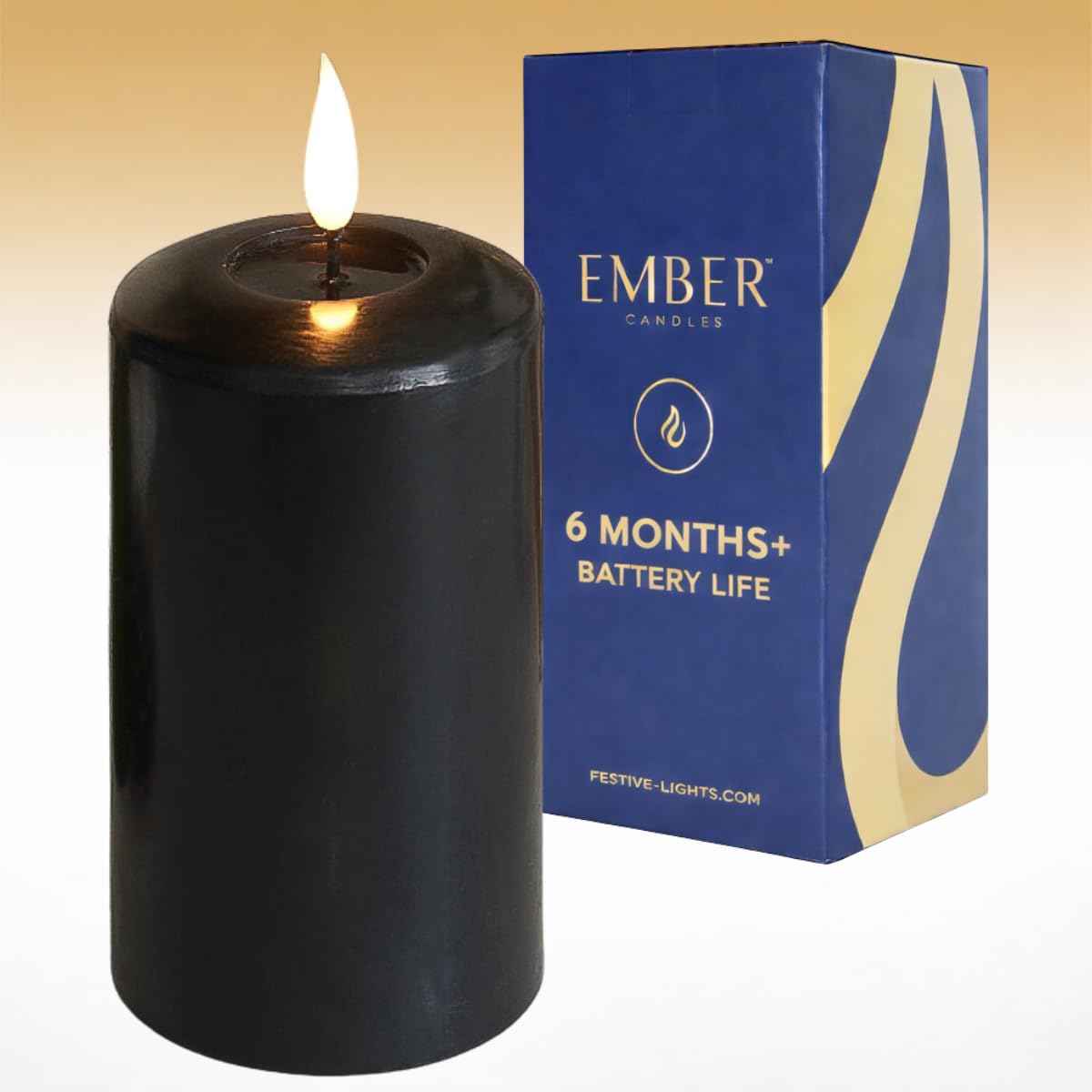 Ember Candles™ 12.5cm Signature Black LED Flickering Battery Candle – 100% Real Wax, Ultra-Realistic, Flameless, Hand-Poured Design, 6-Hour Timer for Safe Indoor Use (Without Remote Control)