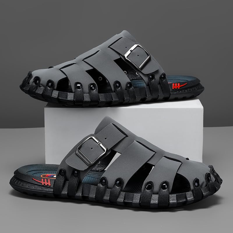 Mens Leather Beach Slides Sandals For Men Closed Toe Hiking Outdoor Athletic Casual Walking Sandals Water Shoes Summer Fisherman4