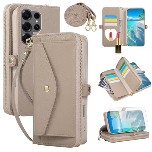 Étui portefeuille Samsung Galaxy S25 Ultra 5G avec fermeture éclair et bandoulière Asuwish