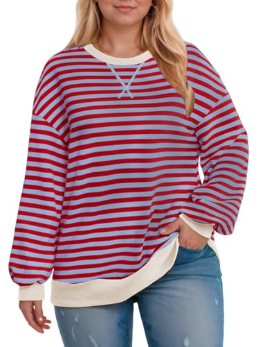 Image of ROSRISS Womens-Plus-Size-Oversized-Sweatshirts Striped Colorblock Long Sleeve Shirts Casual Crewneck Pullover Sweaters XL-5XL