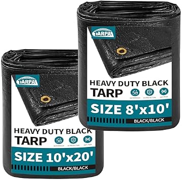 TARPAL 8X10 Tarps and 10X20 Tarps Black 14Mil Combination Multipurpose Protective Cover Heavy Duty Tarp UV Protection Waterproof, Durable Reinforced Edges