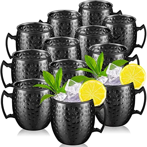 Tessco Set of 12 Moscow Mule Mugs Copper Mugs Moscow Mule Cups 19 oz Hammered Cups Copper Cups 304 Copper Plated Stainless Steel Mug for Chilled Drinks Coffee Wine 3.6 Inch (Black)