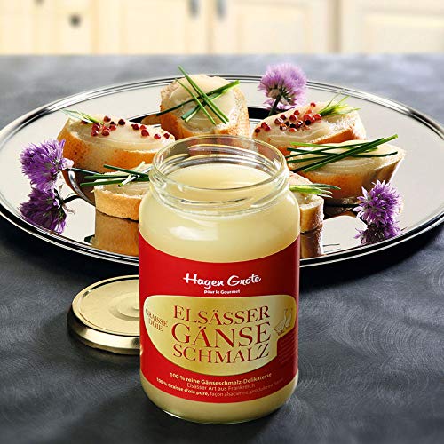 Graisse d’oie à l’alsacienne Hagen Grote 2 x 300 g dans un verre, pure graisse d’oie, spécialité française, relevée sur du pain, pour frire la volaille ou assaisonner le chou rouge