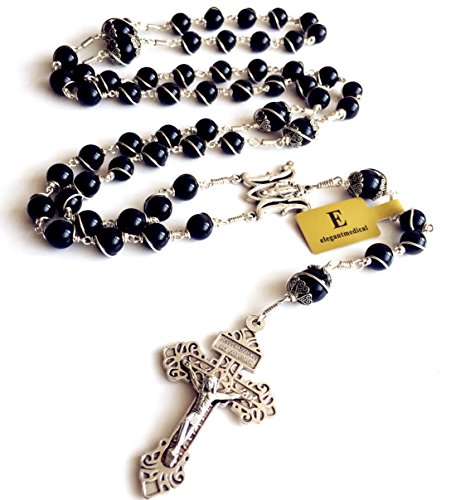 Alternative view of elegantmedical HANDMADE Silver Wire Wrap Black Obsidian BEADS ROSARY CROSS Catholic NECKLACE Box GIFTS
