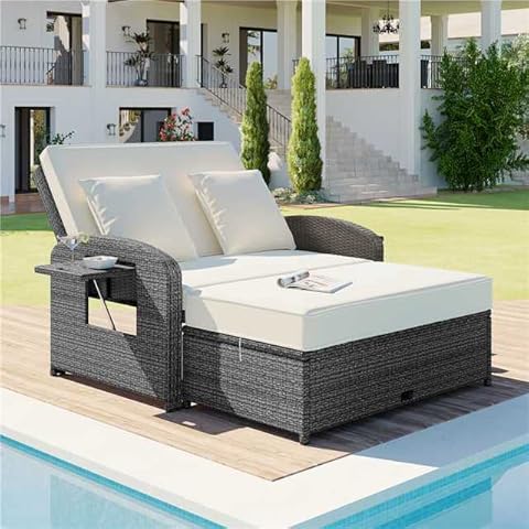 AOCOROE Outdoor Furniture Set for 2, Patio Daybed with Protect, PE Wicker Outdoor Loveseat with Footrest, Recliner Double Chaise Lounge with Cushions Pillows and Cup Tray 3 Level Adjustment, White Cover