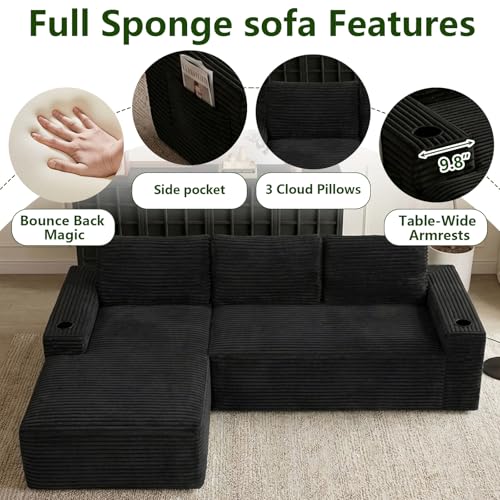 Image of 104.3 inch Modular Sectional Sofa,Modern Corduroy Cloud Couch with Cup Holder & Side Pockets,Boneless Couch Upholstered 3-Seater L-Shaped Sofa for Living Room,No Assembly (Black, Left-Facing Chaise) | with Cup Holder