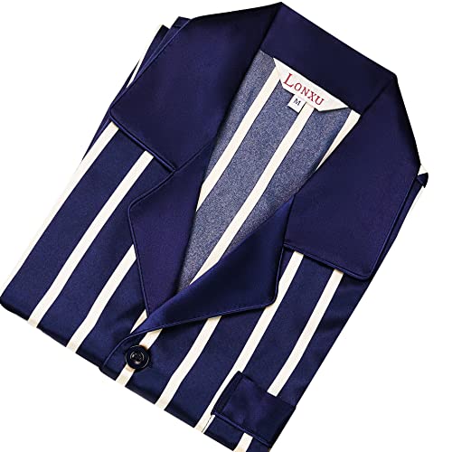 Image of Lonxu Pajamas Set Mens Silk Satin Pajamas Long Sleeve Loungewear Two-Piece Sleepwear Button-Down Pj Set S-XXXXL