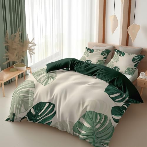 Parure de Lit 90x190 cm Adulte Garçon Fille, Ensemble de Literie Tropical Monstera - Housse de Couette Microfibre 1 Personnes, 3 pièces avec 2 Taies...