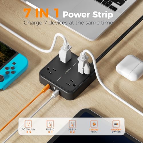 Surge Protector Flat Extension Cord 5FT, TESSAN Flat Plug Power Strip with 4 Outlets 3 USB C Ports (1 USB C), 900 Joules Protection, Multiple Wall Outlet Extender Suitable for Home Office Dorm, Black - Image 5