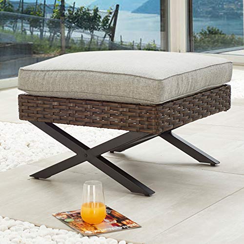 PatioFestival Wicker Patio Ottoman Outdoor Footstools Rattan Furniture X-Leg All Weather Footrest Seat with Cushion(Brown)