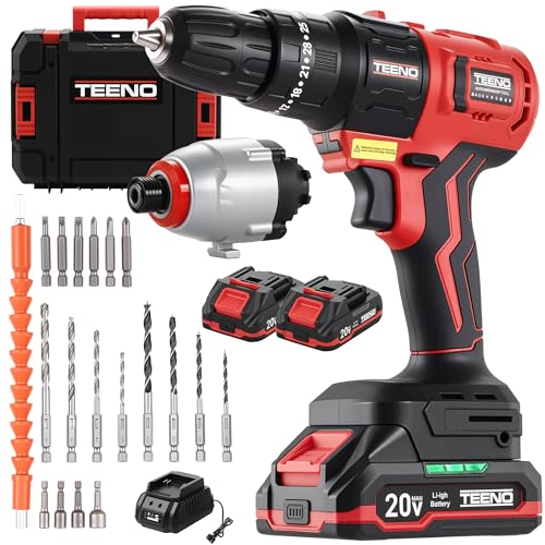 TEENO Cordless Drill Impact Driver 20V Brushless Power Tool Combo Kits, 2×1.5Ah Batteries w/Charger, 19-Pc Bits, Tool Bag, 3/8' Drill & 1/4' Impact Driver for Home DIY, Woodworking