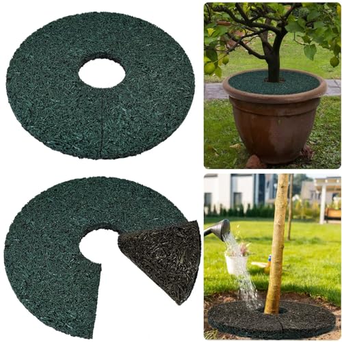 2pcs Double Side Rubber Tree Mulch Ring, 12In Heavy Duty Recycled Rubber Mulch Mat Natural Look Tree Root Protector Mat Reversible Round Tree Ring for Prevent Animal Dig, (Green Brown)