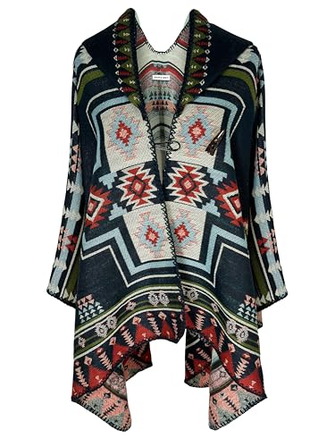 CATCHY & CRAFTY Poncho for Women Shawl Wrap Ruana Cardigan Hooded Cape Western Aztec