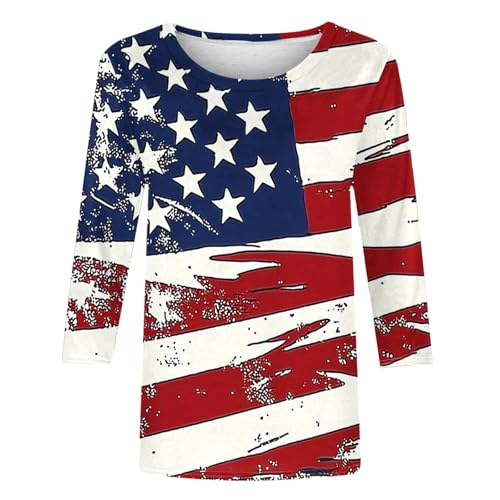 Image of Fourth of July Shirts for Women 3 /4 Sleeve Summer Tops American Flag Print T Shirt Patriotic 4th of July Shirts 2025