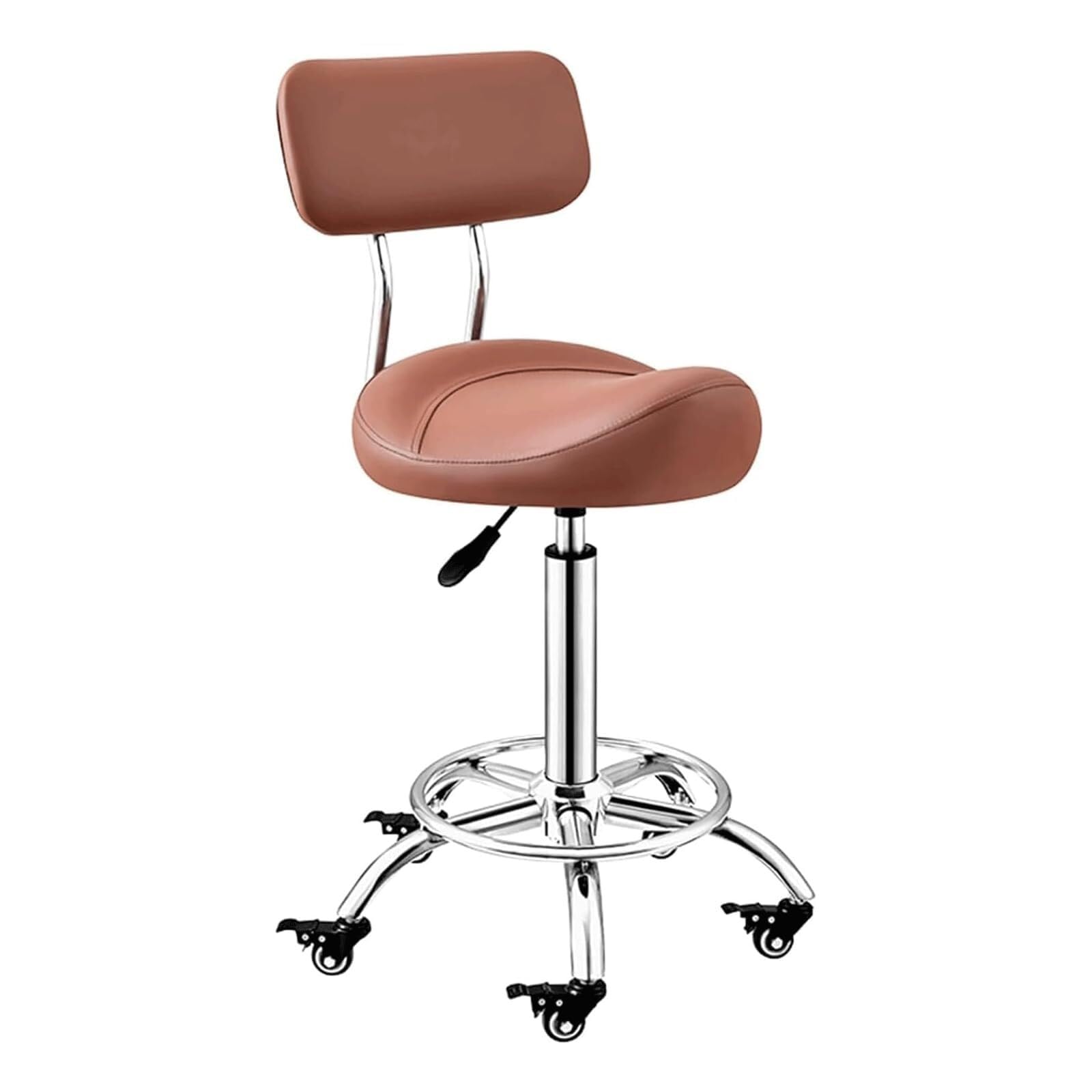 METTEOR Saddle Stool 50-70cm Adjustable Height Swivel Saddle Chair with Locking Wheel,footrest and Backrest Rolling Stool Salon Stool (Brown)