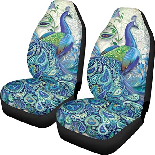 Dellukee Fundas para asientos delanteros de coche, 2 piezas, estampado de pavo real, accesorios interiores universales para decoración para la mayoría de coches, SUV, camiones y furgonetas