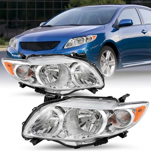 SOCKIR Headlight Assembly Fit with 2009 2010 Toyota Corolla Sedan 4-Door Headlamp Chorme Housing with Amber Reflector Left Driver and Right Passenger Side