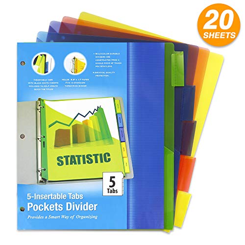 3 Ring Binder Pockets Dividers with 5 Insertable Color Tabs with Blank White Inserts Included to Help Create Quick Tab Titles for School, College, Office Accessories (Pack of 4) - by Emraw