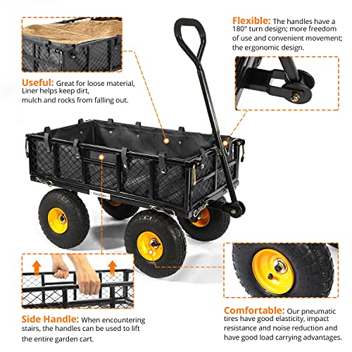 Yardsam Steel Garden Carts, Heavy Duty 400Lbs Utility Wagon Cart With Removable Mesh Sides, Flatbed Convert, Flexible Handle, 10'' Tires, Pvc Liner, For Outdoor, Lawn, Yard, Farm, Black #TOP2