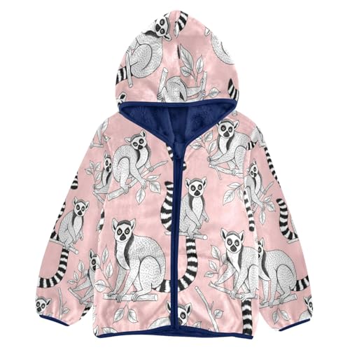 Lemur Pattern on Pink Background Toddler Fleece Jacket Girl Boys Hooded Fleece Jacket Coat Warm Outwear Zip-up 3-10T