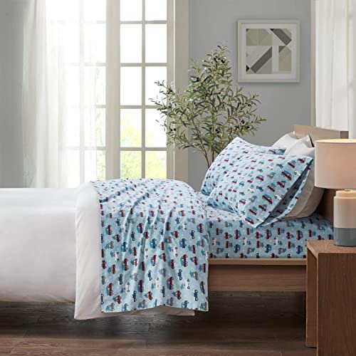 Sleep Philosophy True North Cozy Flannel Warm 100% Cotton Sheet - Novelty Print Animals Stars Cute Ultra Soft Cold Weather Bedding Set, Queen, Blue Cars, 4 Piece