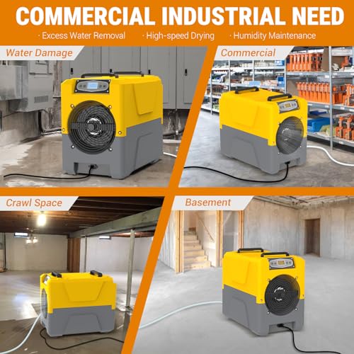 Image of 150 Pints Compact Commercial Dehumidifier, LGR Technology, Built-in Pump, ETL Certified, Ideal for Large Spaces, Water Damage Restoration, Industrial Use (Yellow)