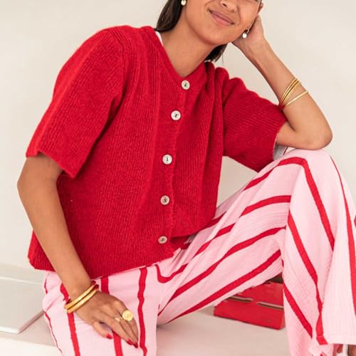 Image of Womens Button Up Short Sleeve Cardigans Sweater Cropped Lightweight Round Neck Elegant Knit Tops with Pockets