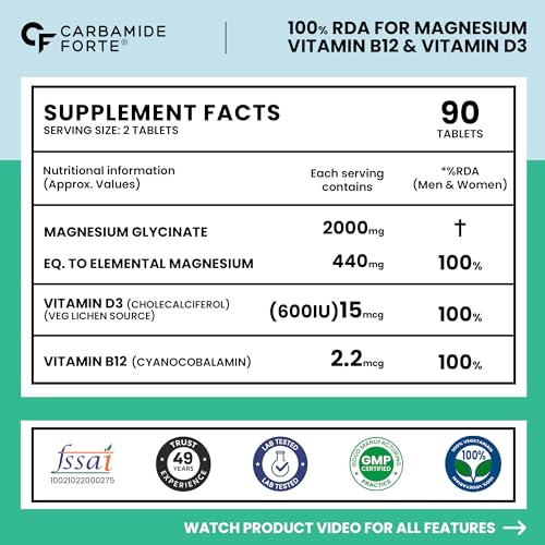 Image of Carbamide Forte Magnesium Glycinate 2000mg Supplement | Magnesium Supplement with Vitamin D3 & B12 | High Absorption Tablets for Muscle Recovery, Sleep, Bone & Nerve Health | 90 Veg Tablets